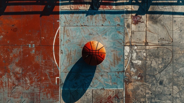 Баскетбольный мяч лежит посреди площадки