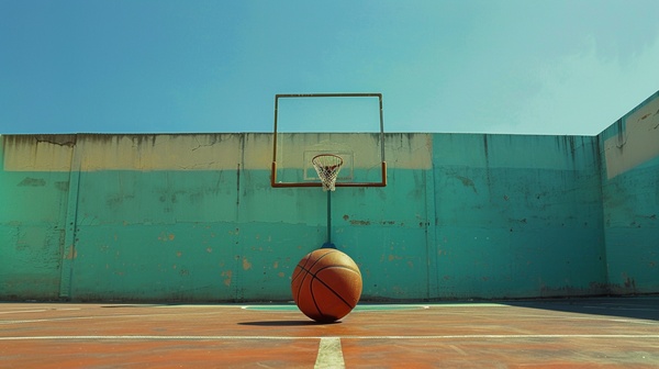 Баскетбольный мяч лежит на пустой площадке