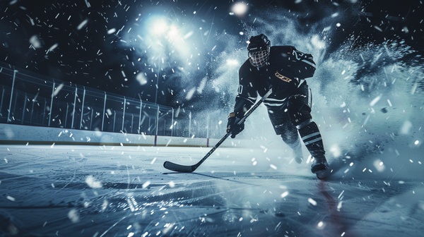 Хоккеист в полной экипировке мчится по льду
