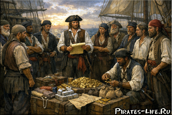 Пираты делят добычу на корабле